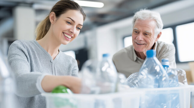 A smiling young woman and an older man sort plastic bottles into a recycling bin, promoting intergenerational environmental responsibility.
- Powered by Adobe
