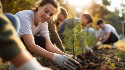 Fototapeta premium A group of smiling volunteers, including a woman looking at the camera, plant small trees in a sunny outdoor environment, promoting environmental conservation. 