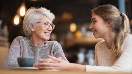 A smiling senior woman with glasses and a young woman share a happy conversation over coffee, fostering an intergenerational bond.
