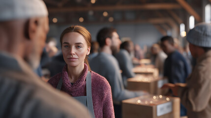 Female volunteer distributing aid packages to people at indoor humanitarian center.
