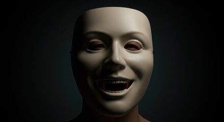 Portrait of smiling mask with hidden suffering inside highlighting psychological disguise and inner conflict.