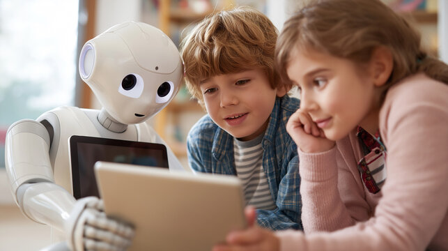 Two curious children and a friendly humanoid robot look at a digital tablet together, symbolizing AI in education and companionship.
