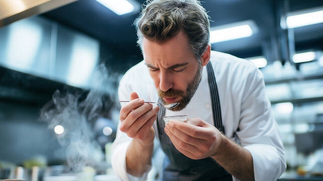 A concentrated male chef tastes a spoonful of steaming food, critically evaluating the flavor in a professional kitchen.
