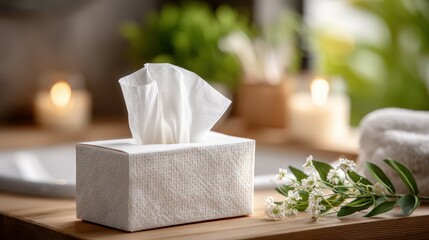 Close-Up of White Tissue Box on Wooden Table