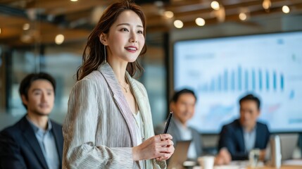 Professional Woman Leading Corporate Meeting in Japan