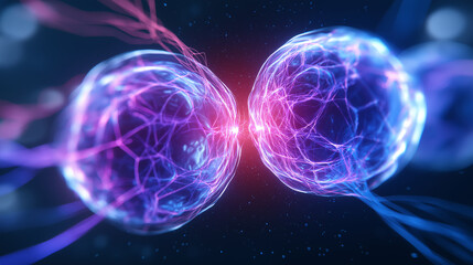 Obraz premium Two glowing, interconnected abstract spheres emit vibrant pink and blue light and energy streams, symbolizing quantum entanglement or data flow. 