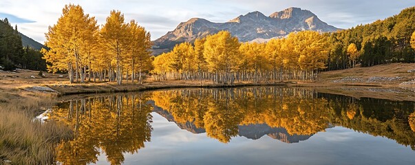 Golden autumn trees reflected in a perfectly still mountain lake