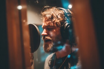 Singing Voice Recording Studio: Man with Beard and Headphones Singing Into Microphone. Warm Lit Professional Vocal Recording Booth.