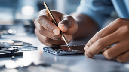 Hands of a technician or engineer using tweezers to repair a smartphone or electronic device.
