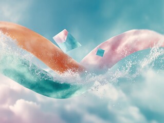Fototapeta premium Abstract Floating Geometric Shapes and Fluid Ribbons with Soft Pastel Colors and Dreamy Cloud Background for Modern Digital Design and Creative Branding
