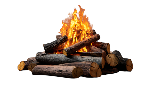 A crackling campfire made of stacked logs with vibrant orange flames dancing upwards isolated on transparent background