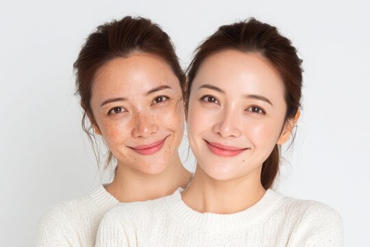 Before After Skincare Asian Woman: Retouching Freckles, Natural Beauty Treatment on White Background - Powered by Adobe