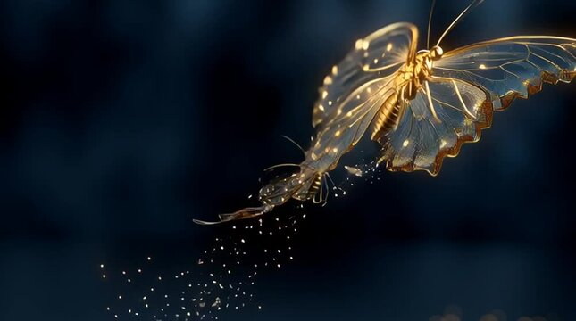 A gorgeous, glittering golden butterfly, its wings made up of countless tiny flashing lights and abstract symbols of effort, a broken silk cocoon in the lower left corner of the picture