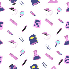 Seamless pattern of school supplies such as calculators, books, rulers, pens, and magnifying glasses on transparent background. For back to school designs, kids’ products, and fabric prints.