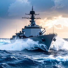 A massive warship sailing through stormy seas, armed with large cannons and radar towers, dramatic lighting, waves crashing, cinematic composition, ultra-detailed