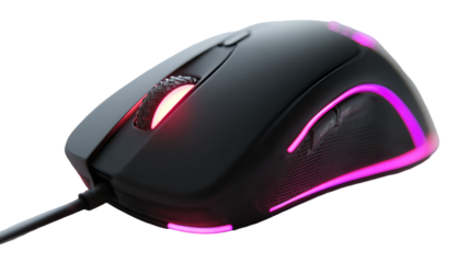 Black and Pink Gaming Mouse with RGB Edge Lighting on Transparent Background

