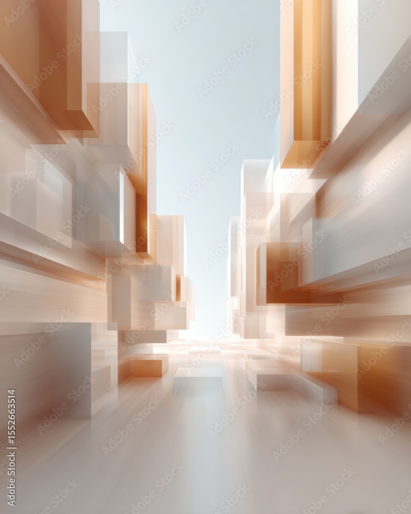 Poster futuristic abstract cityscape with cubic architecture in warm tones, motion blur effect, conceptual 