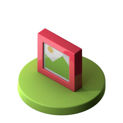 A colorful 3D icon of a picture frame displaying a landscape scene, symbolizing art or photography.