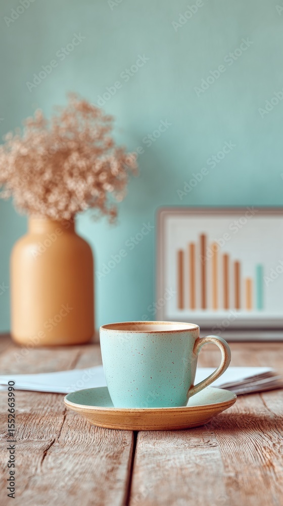 Poster Modern Business Meeting with Sales Summary Presentation on Screens, Coffee and Paperwork on Rustic Table, Collaborative Growth and Analysis Focus