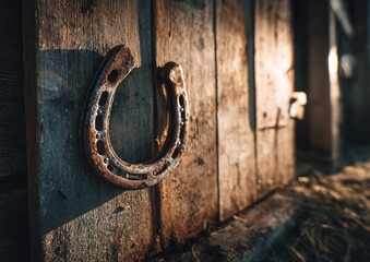 Rustic horseshoe mounted on a weathered wooden barn door, symbolic of luck and heritage