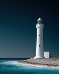 Minimalist Coastal Lighthouse with Cylindrical Tower and Clear Blue Sky, Symbolizing Navigation Safety and Timeless Maritime Heritage for Tourism Marketing