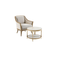 A beige armchair with a round gold coffee table is isolated on transparent background