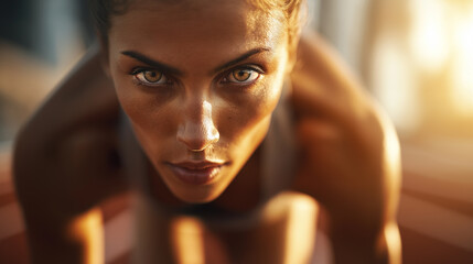 A determined female athlete crouches at the starting line of a track with an intense gaze, ready to sprint under the golden sun, symbolizing focus and readiness for competition.