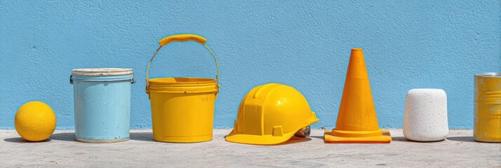 Construction Site Safety Display with Warning Sign, Helmet, and Cones Emphasizing Risk Prevention and Workplace Protection for Industrial Compliance