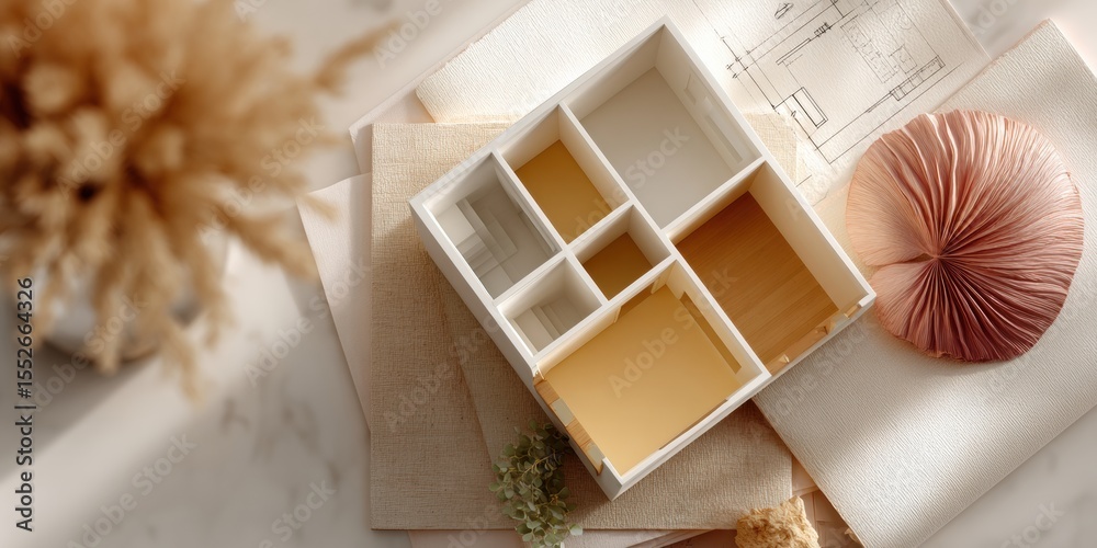 Aufkleber minimalist architectural model on printed plans showcasing interior layout and spatial design for re