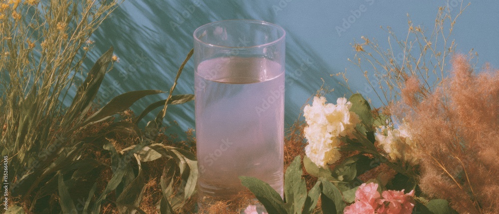 Poster clear rain gauge empty on ground with grass and subtle earth tones symbolizing drought and water con
