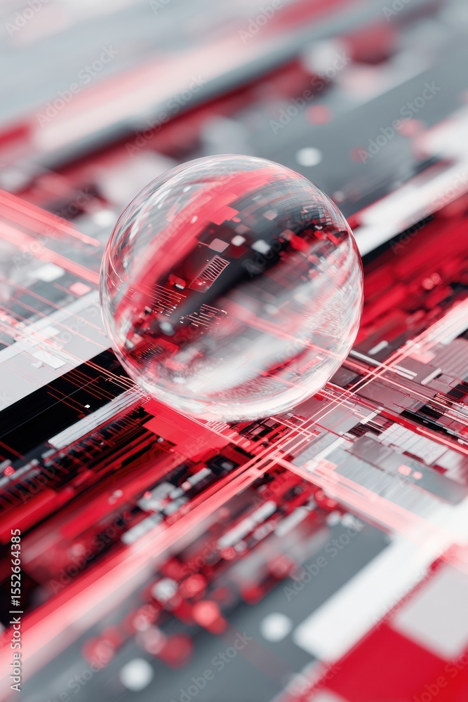 Aufkleber Transparent quantum sensor sphere with dynamic data streams and AI overlays on futuristic circuit board for fintech fraud detection innovation