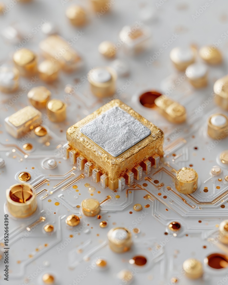 Poster Quantum Hardware Chip with Gold and Silver Elements in Geometric Quantum Computer Assembly for High-Performance Tech Marketing and Innovation