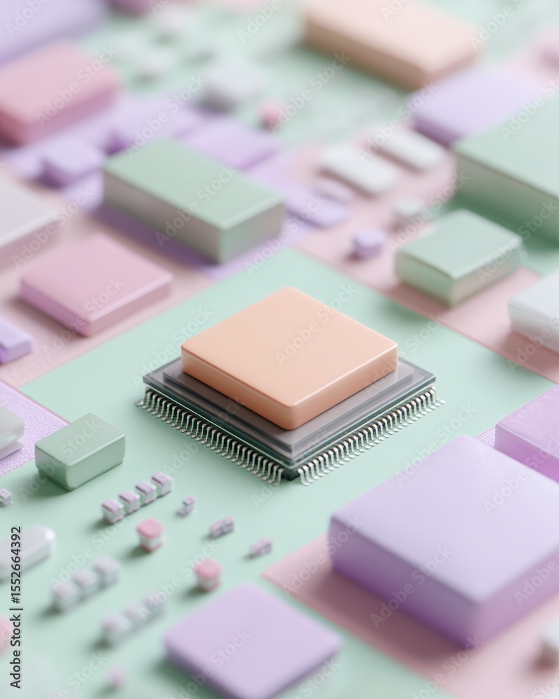 Poster Pastel-colored Quantum AI Chip on Circuit Board with Selective Focus, Showcasing Microarchitecture for Future-ready Technology in Tech Innovation