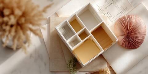 Minimalist Architectural Model on Printed Plans Showcasing Interior Layout and Spatial Design for Real Estate and Home Restoration Marketing