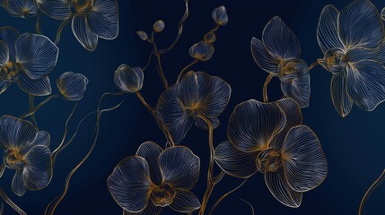 Elegant navy and gold orchid illustration for upscale designs and artistic projects