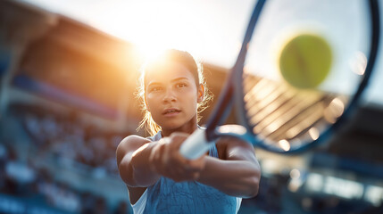 A determined female tennis player with a focused expression prepares for a shot on the court during sunset, emphasizing sports, competition, and athleticism.
