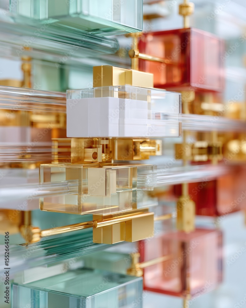Poster Futuristic Quantum Computer Hardware with Transparent Layers and Gold Components Symbolizing Advanced Computing and Breakthrough Technology Power