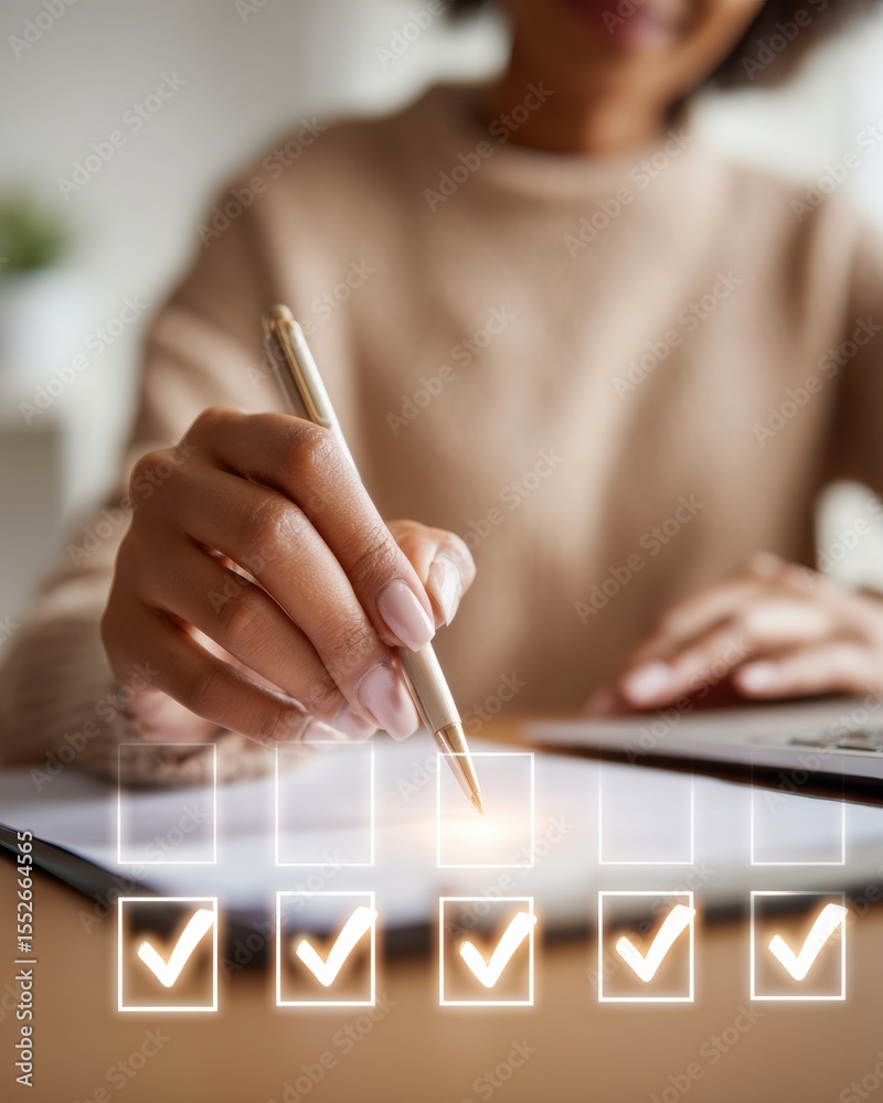 Aufkleber Digital Task Management with Glowing Checkmarks on Futuristic Interface - Streamlined Workflow for Efficient Project Delivery and Productivity Solutions