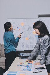 Group of young application developers analyzing uxui mobile app templates during a working meeting