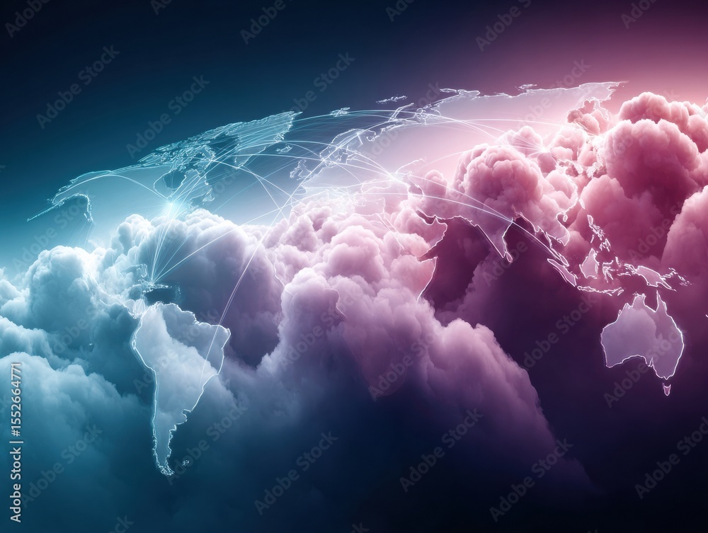 Poster digital global logistics concept with trade routes and cloud network overlay highlighting seamless i