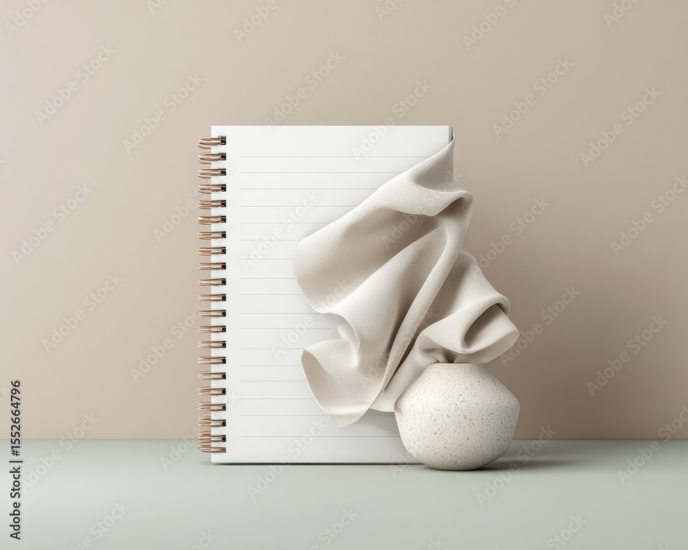 Poster minimalist spiral notebook with blank lined pages and textured ceramic sculpture in soft neutral ton