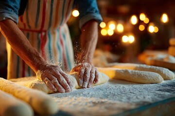 Closeup of flour-dusted hands shaping baguettes tricolor apron strings bokeh lantern lights through bakery window cultural authenticity 