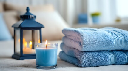 Relaxing bedroom scene with candles and towels, Soft, warm lighting illuminates a bedroom bed with four lit candles and a stack of light blue towels.