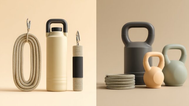Fitness equipment, beige and grey tones