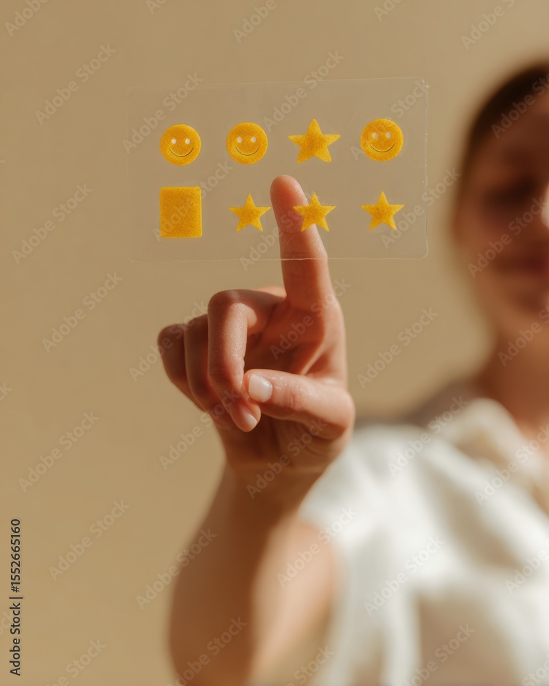 Poster Transparent Digital Satisfaction Survey Interface with Hand Pointing to Smiley Face Icons and Five-Star Ratings - Modern Customer Experience and Trust Concept