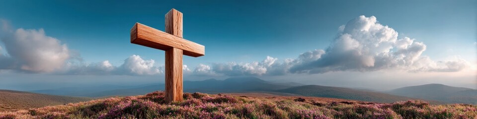 Fototapeta premium Wooden cross on hilltop with dramatic clouds and tranquil horizon symbolizing faith and liberation for Easter and religious inspiration content