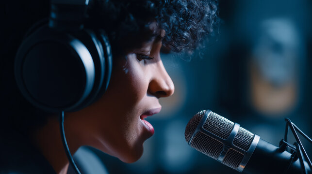 A female singer passionately performs into a professional studio microphone while wearing headphones, symbolizing music recording, podcasting, or voice-over work.
