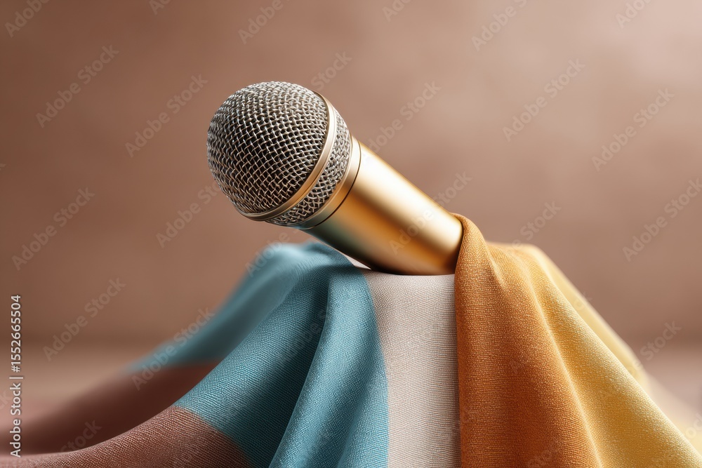 Poster modern metallic microphone draped with vibrant fabric at podium symbolizing diversity and inclusion 