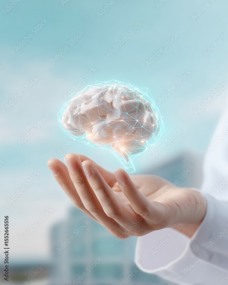 Poster Innovative Healthcare Integration with Doctors Hand Holding Digital Brain Network Highlighting AI and Smart Neurology Systems in Hospital Setting