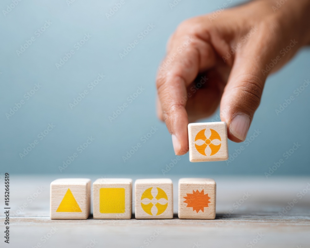 Aufkleber mans hand stacking wooden blocks with safety icons for health and environment risk management in wor